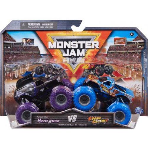 Coffret Monster Jam Mowark Worrior Et Stone Crusher - Voiture Noire Bleue - Set 2 Véhicules Miniatures Métal + 1 Carte Offerte