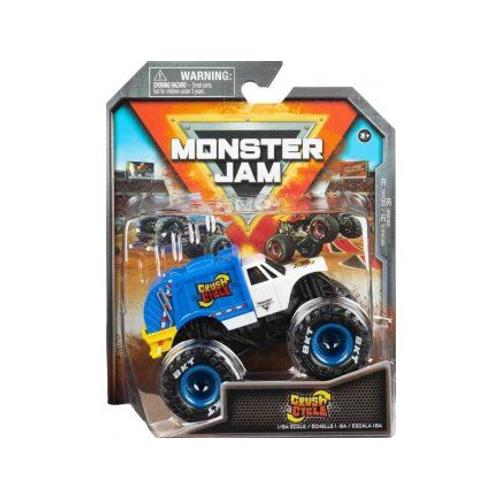 Coffret Monster Jam Crush Cycle - Voiture Blanche Et Bleu - Set Véhicule Miniature Métal + 1 Carte Offerte - Nouveauté - Collector