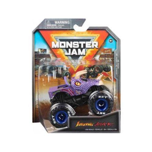 Coffret Monster Jam Jurassic Attack - Voiture Violet 1:64 - Set Véhicule Miniature Métal + 1 Carte Tigre - Nouveauté - Collector