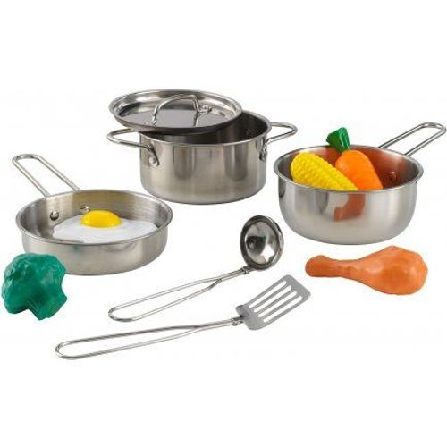 Jeu D'imitation Ensemble De Batterie De Cuisine En Métal + Ustentile + Accessoires - Set Jouet Dinette Enfant 11 Pieces + 1 Carte