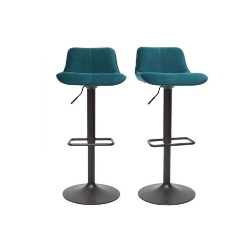Tabourets De Bar Réglables Pivotants 360° En Tissu Velours Bleu Pétrole Et Métal Noir (Lot De 2) Boost