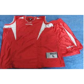 Tenue De Basket Pour Fille-Maillot Et Short-Marque Macron-Taille L (14ans)-100% Polyester-Rouge Et Blanc (Aspect Brillant)-Lacet De Serrage Intérieur Dans La Ceinture Du Short - Portée 1 Fois