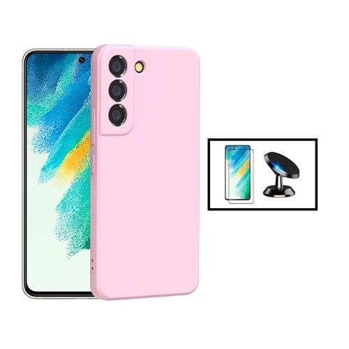 Kit Film De Verre Trempé 5d Full Cover + Coque Silicone Liquide + Support Magnétique De Voiture Pour Samsung Galaxy S22+ Plus 5g - Rose