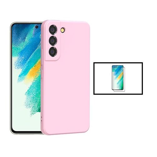 Kit Film De Verre Trempé 5d Full Cover + Coque Silicone Liquide Pour Samsung Galaxy S22+ Plus 5g - Rose
