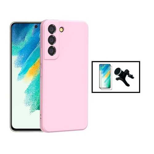 Kit Film De Verre Trempé 5d Full Cover + Coque Silicone Liquide + Support Magnétique De Voiture Renforcé Pour Samsung Galaxy S22+ Plus 5g - Rose