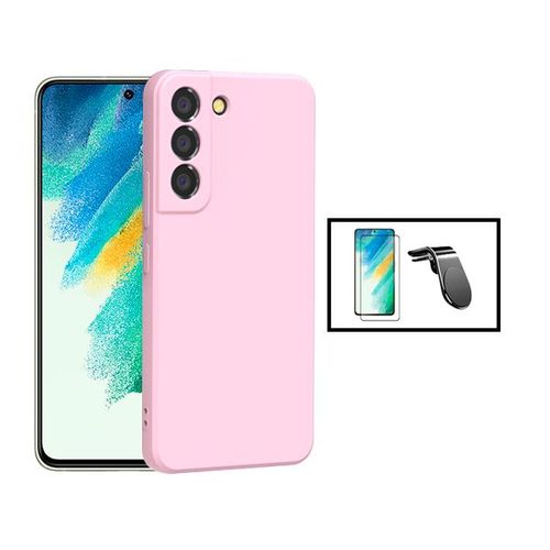 Kit Film De Verre Trempé 5d Full Cover + Coque Silicone Liquide + Support Magnétique L Conduite En Toute Sécurité Pour Samsung Galaxy S22+ Plus 5g - Rose