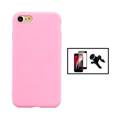 Kit Film De Verre Trempé 5d Full Cover + Coque Silicone Liquide + Support Magnétique De Voiture Renforcé Pour Iphone Se 2022 - Rose