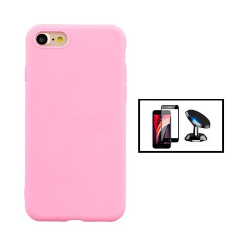 Kit Film De Verre Trempé 5d Full Cover + Coque Silicone Liquide + Support Magnétique De Voiture Pour Iphone Se 2022 - Rose