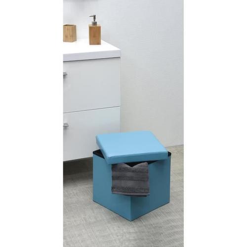 2 En 1 Pouf Et Coffre De Rangement Pliable - Aspect Cuir - Turquoise