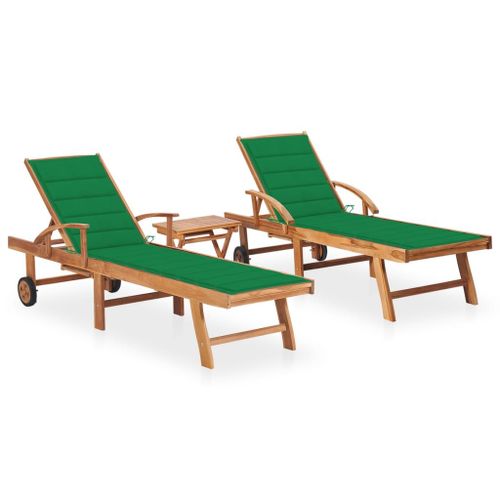 Vidaxl Chaises Longues 2 Pcs Avec Table Et Coussin Bois De Teck Solide