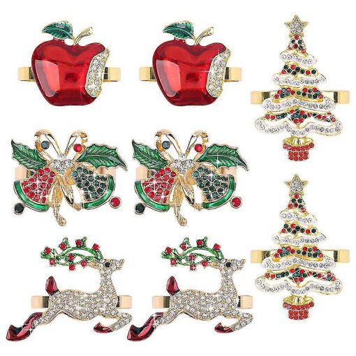 Lot De 8 Ronds De Serviette De Noël En Métal, Motif Sapin De Noël, Cerf, Porte-Serviettes, Strass