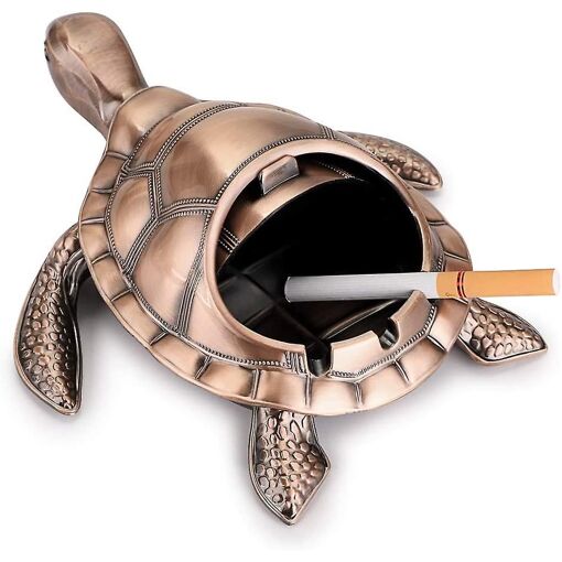 Cendrier rétro en métal motif tortue avec couvercle coupe-vent, intérieur et extérieur (rouge bronze)