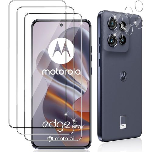 Lot 3 Films Verre Trempé Écran + 3 Protège-Objectifs Pour Motorola Moto Edge 50 Neo - 9h Anti-Rayures, Haute Définition, Sans Bulles
