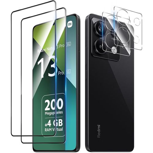 Pack 2+2 Protecteurs En Verre Trempé Xiaomi Redmi Note 13 Pro 5g ¿ Bord Noir, Couverture Totale Écran + Lentille, 9h, 0,33 Mm, Hd, Anti-Rayures Et Antitraces, Installation Facile