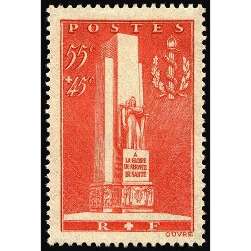 France 1938, Très Beau Timbre Neuf** Luxe Yvert 395, Monument À La Gloire Du Service De Santé Des Armées À Lyon Érigé En 1938 Par L’Architecte Paul Bellemain, Les Sculptures Sont De Louis Bertola,