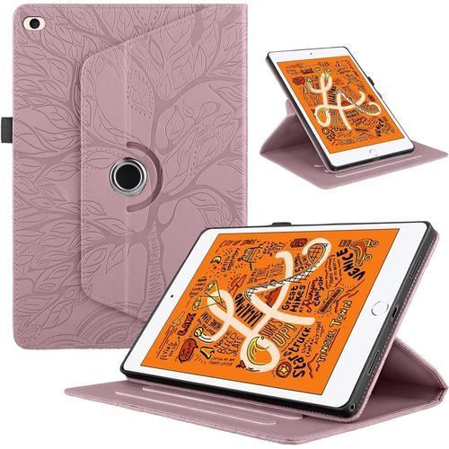 Mo-Bte Coque Pour Ipad Mini 7.9"" 2019 Ipad Mini 5/4/3/2/1 Flip Pu Cuir 360rotatif Multi-Angle Stand Housse Cover Avec Réveil/Sommeil Automatique Vie Arbre Rotating Tablette Protection Case,Rose Gold