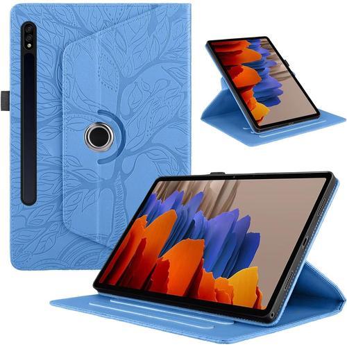 Mo-Bte Coque Pour Tablette Samsung Galaxy Tab S9 Plus S9 Fe S8 S7 S7 Fe 12,4 Pouces Sm-X810 T970 X800 T730 Etui Rotatif 360 Housse Pu Cuir Flip Support Protection Cover Case Bleu Arbre