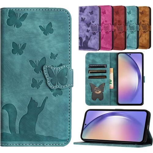 Mo-Bte Coque Iphone 12 Mini/13 Mini Pu Cuir Flip Wallet Fente Pour Carte Étui De Protection Magnétique, Compatible Avec Iphone 12 Mini/13 Mini, Motif Papillon Chat - Bleu