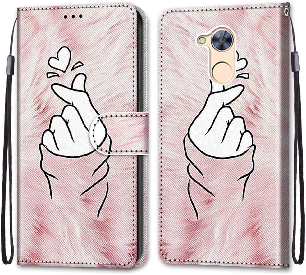 Coque Pour Huawei Honor 6a, Etui En Cuir Pu Portefeuille Housse Coque Avec 360 Degres Silicone Antichoc Protection Cover Cuir Pochette Magnetique Und Flip Bequille (Doigt Coeur)