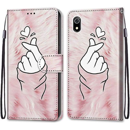 Coque Pour Xiaomi Redmi 7a, Etui En Cuir Pu Portefeuille Housse Coque Avec 360 Degres Silicone Antichoc Protection Cover Cuir Pochette Magnetique Und Flip Bequille (Doigt Coeur)