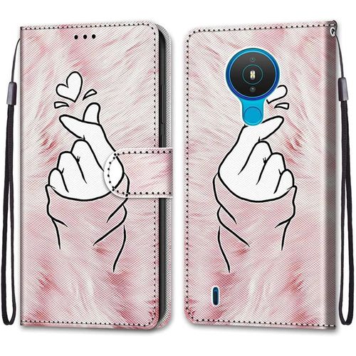 Coque Pour Nokia 1.4, Etui En Cuir Pu Portefeuille Housse Coque Avec 360 Degres Silicone Antichoc Protection Cover Cuir Pochette Magnetique Und Flip Bequille (Doigt Coeur)