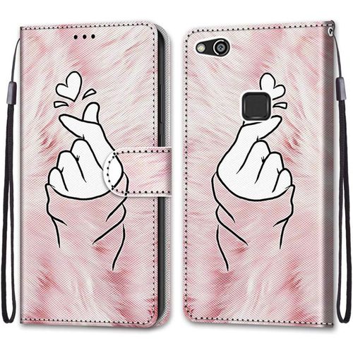 Coque Pour Huawei P10 Lite, Etui En Cuir Pu Portefeuille Housse Coque Avec 360 Degres Silicone Antichoc Protection Cover Cuir Pochette Magnetique Und Flip Bequille (Doigt Coeur)