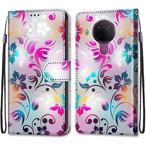 Coque Pour Nokia 5.4, Etui En Cuir Pu Portefeuille Housse Coque Avec 360 Degres Silicone Antichoc Protection Cover Cuir Pochette Magnetique Und Flip Bequille (Fleur 1)