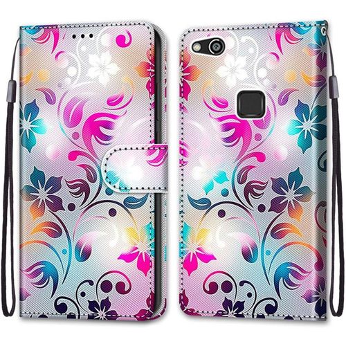 Coque Pour Huawei P10 Lite, Etui En Cuir Pu Portefeuille Housse Coque Avec 360 Degres Silicone Antichoc Protection Cover Cuir Pochette Magnetique Und Flip Bequille (Fleur 1)