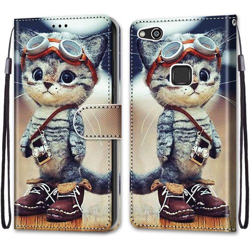 Coque Pour Huawei P10 Lite, Etui En Cuir Pu Portefeuille Housse Coque Avec 360 Degres Silicone Antichoc Protection Cover Cuir Pochette Magnetique Und Flip Bequille (Chat 1)