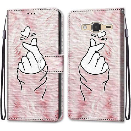 Coque Pour Samsung Galaxy J3 2016, Etui En Cuir Pu Portefeuille Housse Coque Avec 360 Degres Silicone Antichoc Protection Cover Cuir Pochette Magnetique Und Flip Bequille (Doigt Coeur)