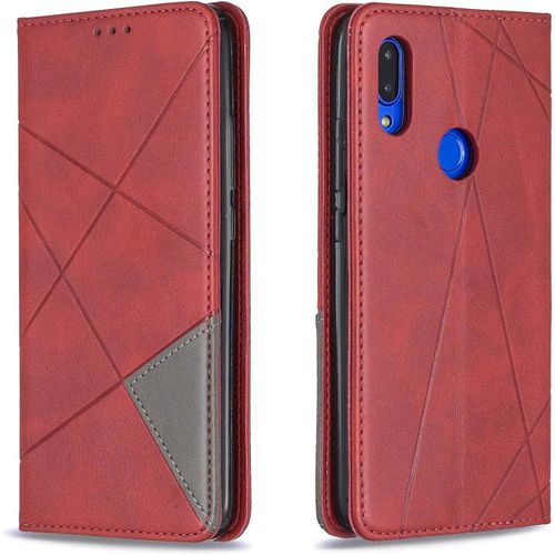 Coque Pour Xiaomi Redmi 7, Housse Portefeuille En Cuir Etui De Protection Avec Slim Tpu Silicone Bumper Antichoc Magnetique Flip Case, Porte Cartes Avec Fonction Support Cover (Rouge)