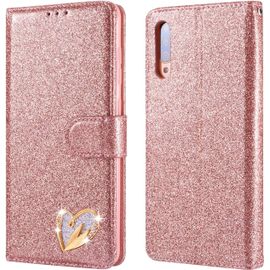 Etui Pour Samsung Galaxy A70 Coque, Flip Case Etui Paillette Glitter Bling Portefeuille En Cuir Housse Avec Porte Carte Magnetique Wallet Cover Pour Samsung Galaxy A70 - Or Rose