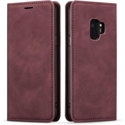 Etui Pour Samsung Galaxy S9, Etui De Telephone En Cuir Mince De Qualite Superieure Avec Porte-Cartes, Housse De Protection A Rabat Compatible Avec Samsung Galaxy S9 - Rouge Vin