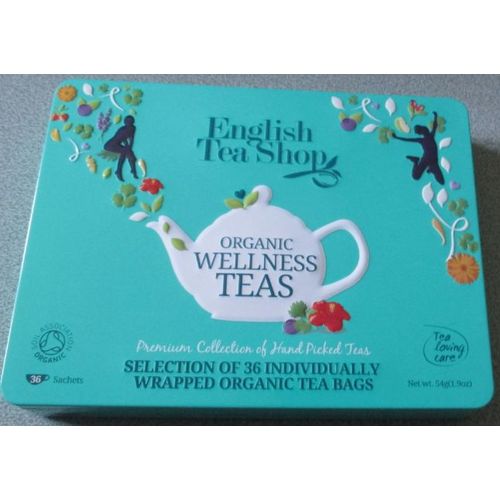 Boite Métallique/Coffret À Thés Joliment Décorée Sur Un Fond Vert Turquoise-English Tea Shop-Séparateur Plastique Blanc Intérieur Amovible-Nature Et Expression-24x18.5x4cm-Vendue Vide