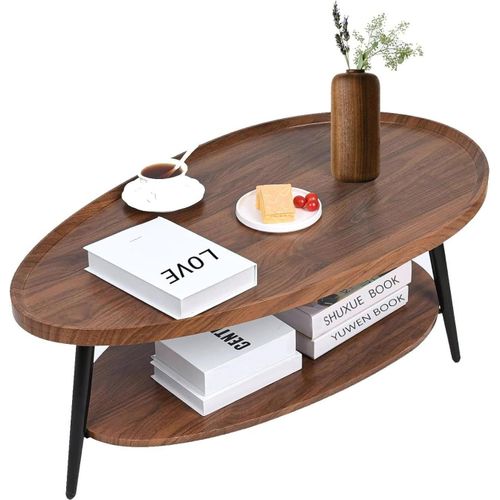 Table Basse Ovale Bois,Table Salon Basse Moderne Scandinave,Tables De Salon Avec Avec Étagère 2 Niveaux,Tables Basses De Salon Pour Salle De Séjour Chambre Bureau 100cm*55cm*38cm (Noyer)