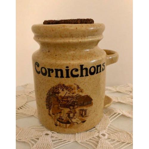 Pot À Cornichons Vintage En Grès De Sologne Moucheté Et Bouchon En Liège