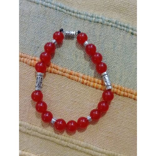 Bracelet Artisanal En Calcedoines Rouges Et Argent Tibétain Neuf.