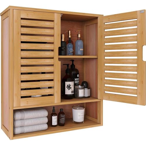 Armoire De Salle De Bain Murale, Organisateur De Rangement En Bambou Au-Dessus De La Cuvette, Armoire À Pharmacie Gain De Place Avec 2 Portes Et Étagères Réglables (Naturel)