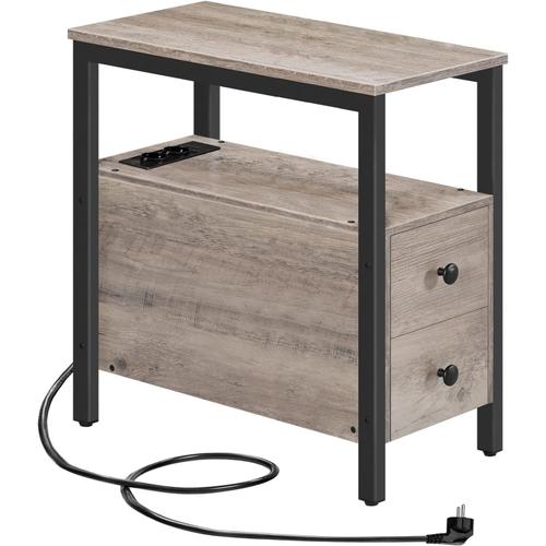 Table D'appoint Avec Station De Charge, Table De Chevet Avec 2 Tiroirs, Ports Usb Et Prises De Courant, Bout De Canapé Pour Petits Espaces, Salon, Chambre, Grège Et Noir Ebg542bz01