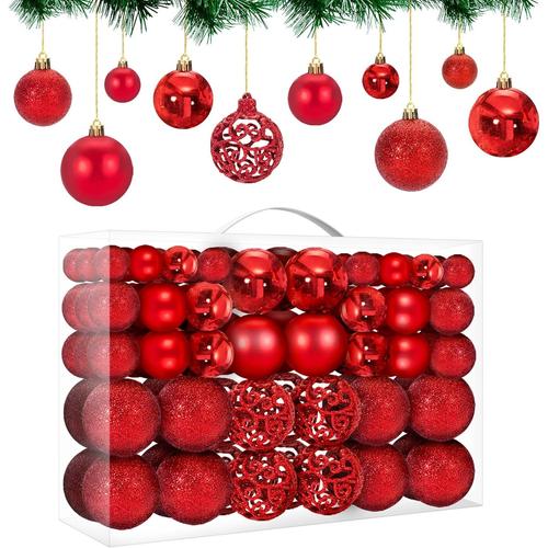 Boules de Noël Rouge, 100 Pièces en 10 Types, Décoration Noel Sapin en Plastique Incassable, Réutilisable