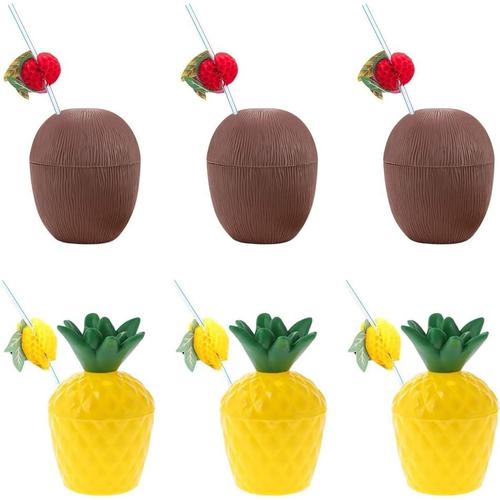 Gobelets ¿¿ noix de coco et ananas avec 6 pailles en papier Gobelets tropicaux Hawaiian Luau pour la plage, l'¿¿t¿¿ et les cocktails tropicaux