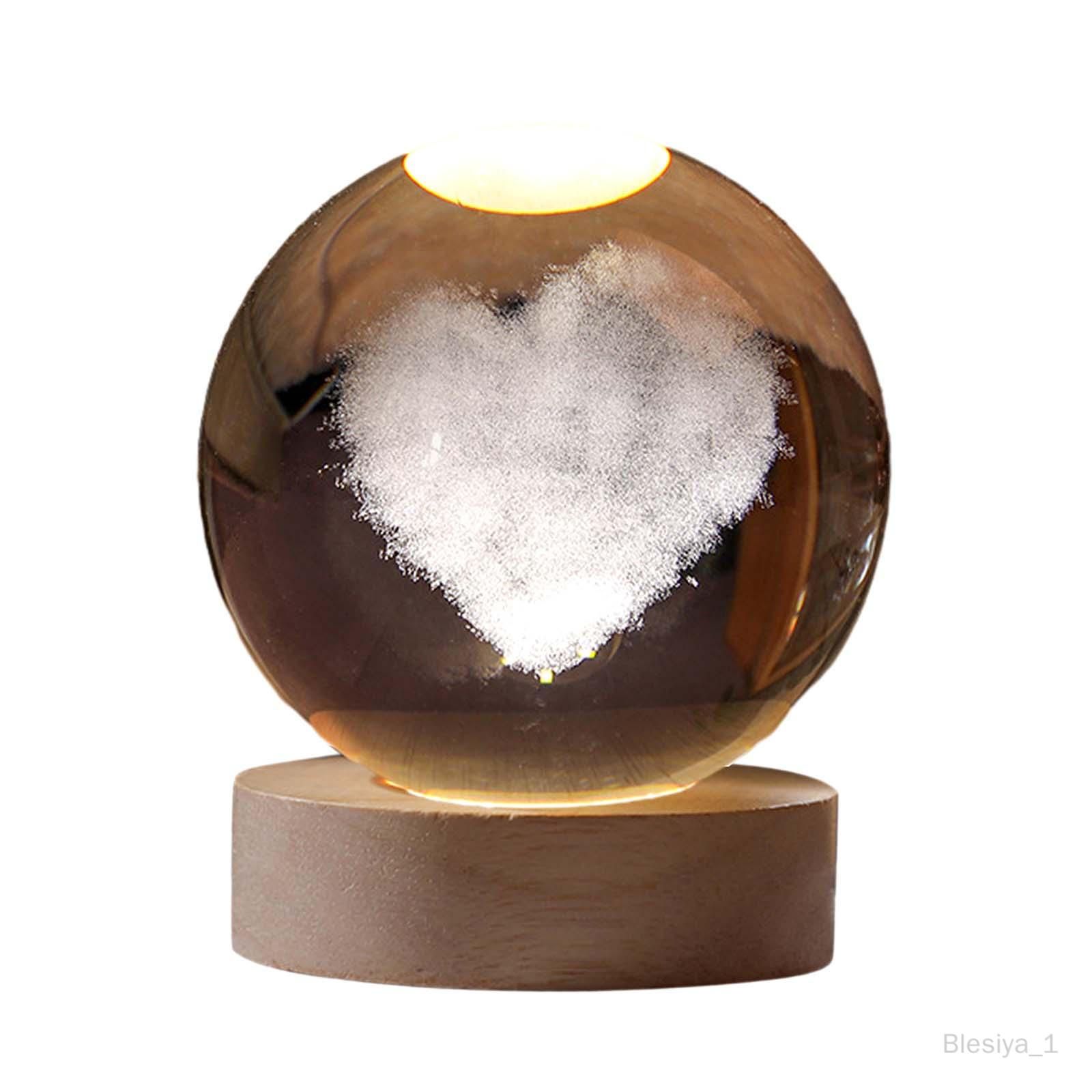 Veilleuse Boule De Verre 3d Avec Base En Bois Led Motif Coeur Artisanat Prise Usb Chaud Pour Anniversaire Crèche Vacances Adolescents 8 Cm De Diamètre