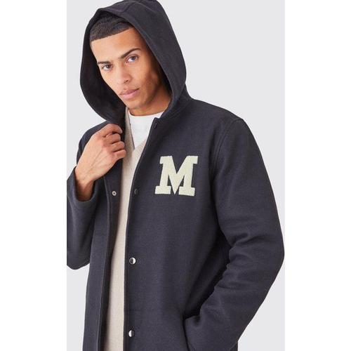 Longline Melton Varsity Overcoat With Hood Homme - Noir - S, Noir