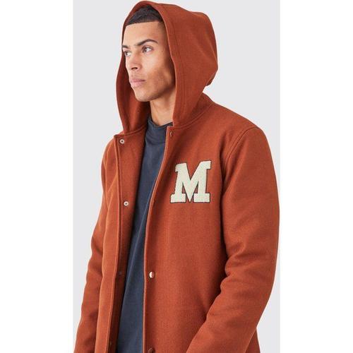 Longline Melton Varsity Overcoat With Hood Homme - Marron - S, Marron