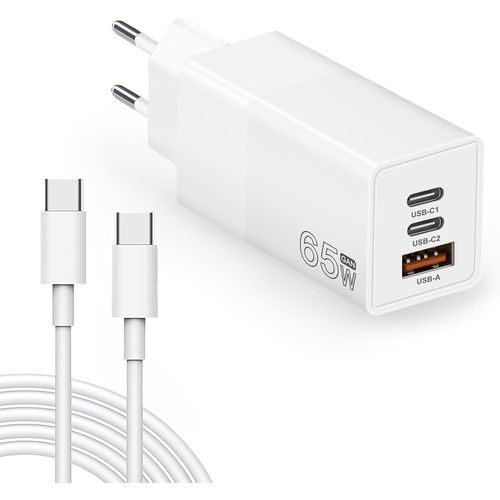 65w Usb C Gan Chargeur Rapide 3 Ports Avec Cble Usb-C Compatible Avec Iphone 15 Plus Pro Max/14/13/12,Galaxy S23/S22,Mac Book Pro/Air,Ipad Pro,Steam Deck,Pixel,Pixel Et Plus (Blanc)