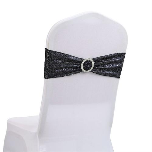 Décoration de mariage 3 pièces, housse de chaise en spandex, dossier de chaise avec n?ud, fleurs extensibles, attaches pailletées 15 × 35 cm (noir)