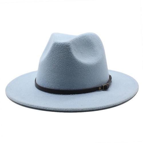 Chapeau Panama Classique ¿¿ Large Bord Pour Femmes, Boucle De Ceinture, Chapeau Fedora En Laine, Bleu