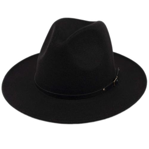 Chapeau Panama Classique ¿¿ Large Bord Pour Femmes, Boucle De Ceinture, Chapeau Fedora En Laine Noir