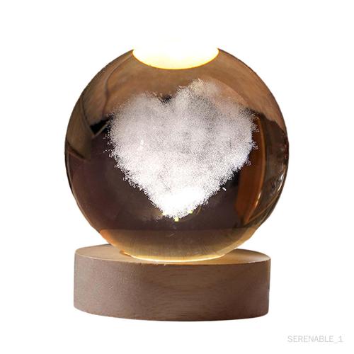 Veilleuse Boule De Verre 3d Avec Base En Bois Led Pour Chambre À Coucher, 8 Cm De Diamètre