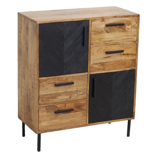 Commode En Manguier Naturel Et Teinté Noir Damier 2 Portes + 4 Tiroirs